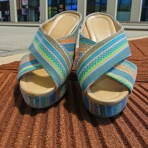 Bohemian Blue and Green Wedge Shoes with Vibrant Design